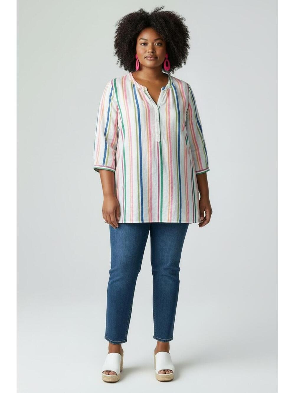 Talbots Striped Split Neck Tunic Top Multi-Color Pastel Vertical Stripe, Size L